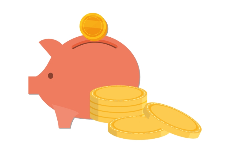 A cartoon illustration of a piggy bank with coins in front of it.