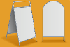 An illustration of two white advertising boards on an orange background.