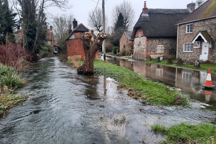 A rural street with 5 buildings. The road and footpath is flooded.