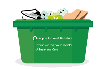 A graphic of a green recycling box with cardboard in it.